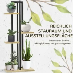 Plantestativer^Planteholder 4 niveauer justerbar 110 cm træ sort/natur til inde/ude