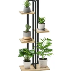 Plantestativer^Planteholder 4 niveauer justerbar 110 cm træ sort/natur til inde/ude