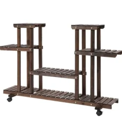 Plantestativer^Planteholder 4 niveauer massivt forkullet træ 123,5x33x80 cm have/altan