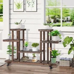 Discount Planteholder 4 niveauer massivt forkullet træ 123,5x33x80 cm have/altan Plantestativer