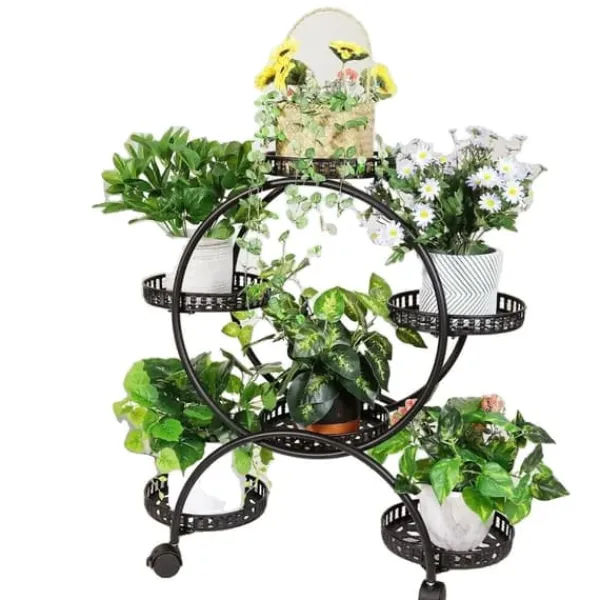 New Planteholder, 6 Töpper, Metal Konstruktion, Nem Mobilitet,sort, L Plantestativer
