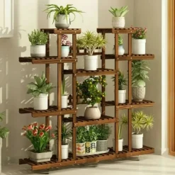 Clearance Planteholder i træ - Blomsterhylde - 11 niveauer - Karboniseret træ - Ekstra bred - Til potter - Inde/ude - Selvmontering - Brun Plantestativer