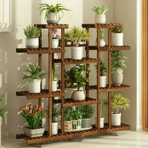 Clearance Planteholder i træ - Blomsterhylde - 11 niveauer - Karboniseret træ - Ekstra bred - Til potter - Inde/ude - Selvmontering - Brun Plantestativer