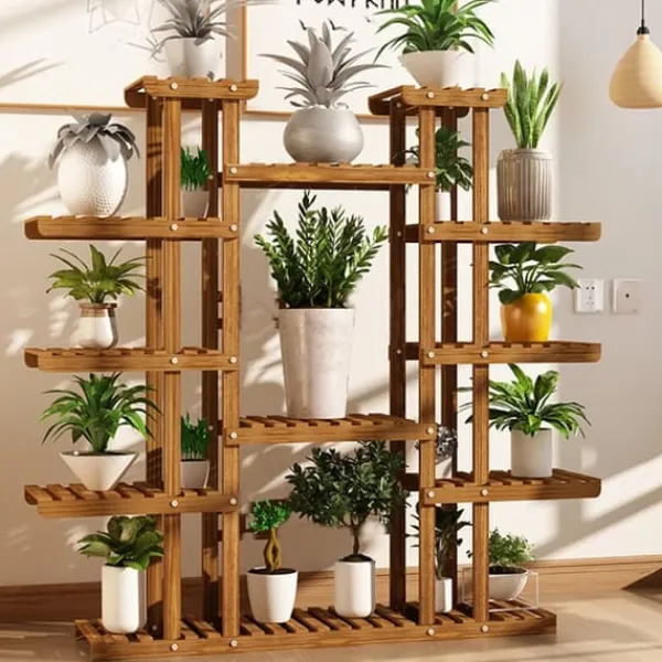 Clearance Planteholder i træ - Blomsterhylde - 11 niveauer - Karboniseret træ - Ekstra bred - Til potter - Inde/ude - Selvmontering - Brun Plantestativer