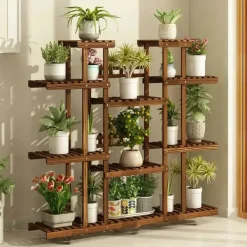 Clearance Planteholder i træ - Blomsterhylde - 11 niveauer - Karboniseret træ - Ekstra bred - Til potter - Inde/ude - Selvmontering - Brun Plantestativer