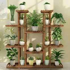 Clearance Planteholder i træ - Blomsterhylde - 11 niveauer - Karboniseret træ - Ekstra bred - Til potter - Inde/ude - Selvmontering - Brun Plantestativer