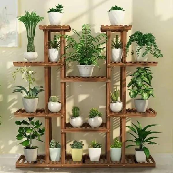 Clearance Planteholder i træ - Blomsterhylde - 11 niveauer - Karboniseret træ - Ekstra bred - Til potter - Inde/ude - Selvmontering - Brun Plantestativer