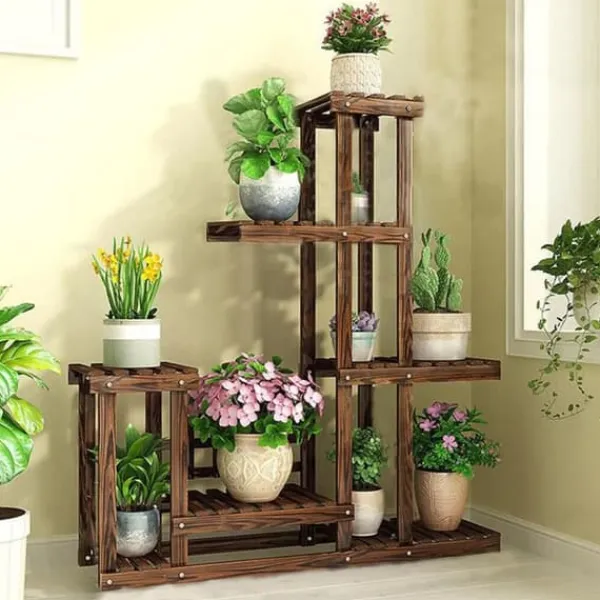 New Planteholder i træ - Hjørnehylde - 5 niveauer - Indendørs/udendørs - Til blomsterkrukker - Beige Plantestativer
