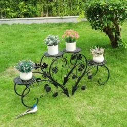 Plantestativer^Planteholder 2-pak - Blomsterhylde - Rustbestandigt metal - Fire niveauer - Inde/ude altan have kontor - Samling - Sort
