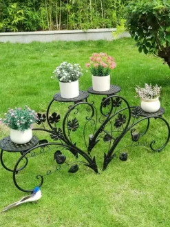 Plantestativer^Planteholder 2-pak - Blomsterhylde - Rustbestandigt metal - Fire niveauer - Inde/ude altan have kontor - Samling - Sort