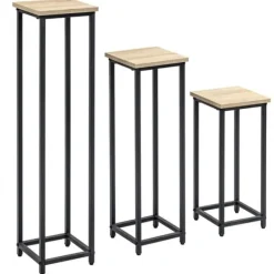 Plantestativer^Planteholder sæt 3-delt blomsterborde & potteholdere stål sort/natur til have/altan