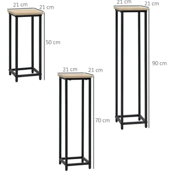 New Planteholder sæt 3-delt blomsterborde & potteholdere stål sort/natur til have/altan Plantestativer