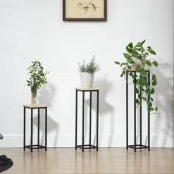New Planteholder sæt 3-delt blomsterborde & potteholdere stål sort/natur til have/altan Plantestativer