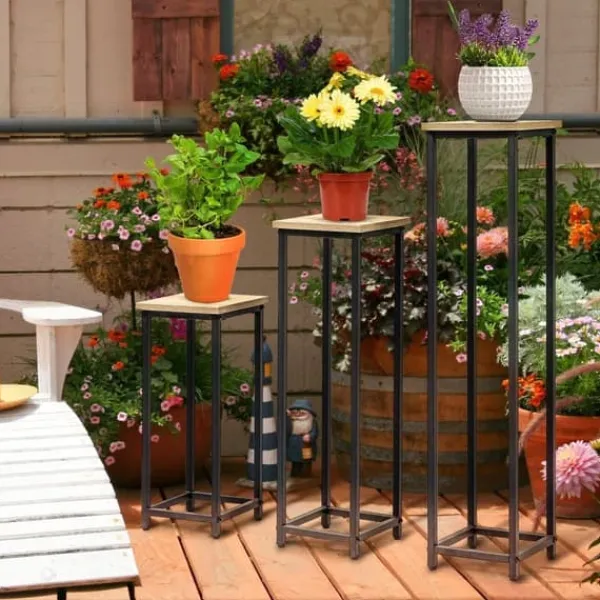 Clearance Planteholder sæt 3-delt blomsterborde & potteholdere stål sort/natur til have/altan Plantestativer