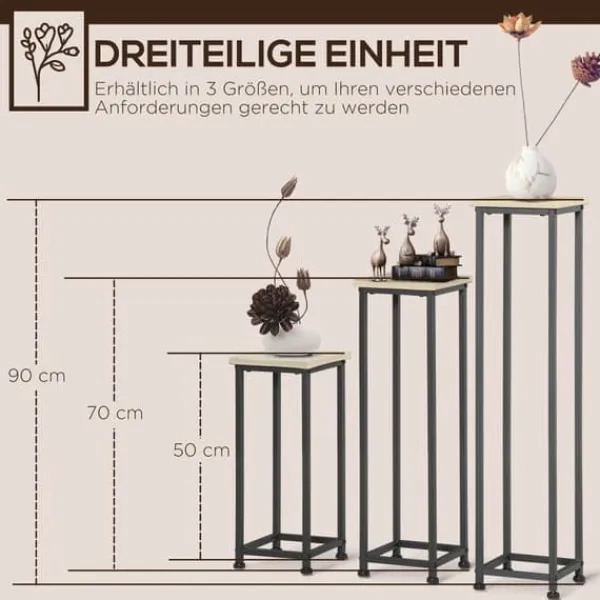 Outlet Planteholder sæt 3-delt blomsterborde & potteholdere stål sort/natur til have/altan Plantestativer