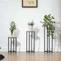 Outlet Planteholder sæt 3-delt blomsterborde & potteholdere stål sort/natur til have/altan Plantestativer