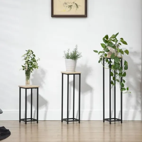 Outlet Planteholder sæt 3-delt blomsterborde & potteholdere stål sort/natur til have/altan Plantestativer