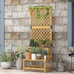 Discount Planteholder træ 2 niveauer med espalier 60x50x166 cm gul til have/terrasse Plantestativer