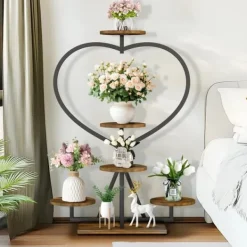 Plantestativer^Plantehylde - Blomsterreol - 5-etagers metal - Hjerteform - Til altan og have - Samling kræves - Sort