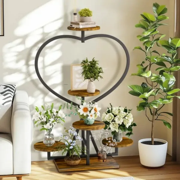 Plantestativer^Plantehylde - Blomsterreol - 5-etagers metal - Hjerteform - Til altan og have - Samling kræves - Sort