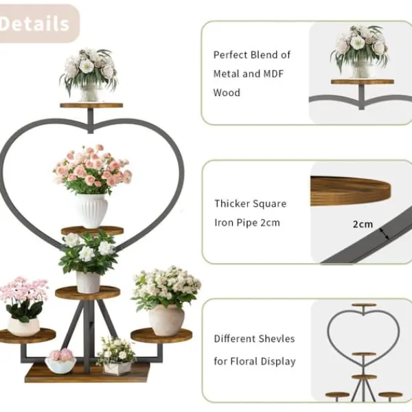 Plantestativer^Plantehylde - Blomsterreol - 5-etagers metal - Hjerteform - Til altan og have - Samling kræves - Sort