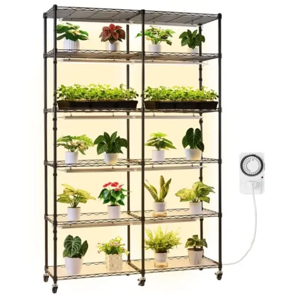 Clearance Plantehylde - 6-etagers Dobbeltrækket Plantestativ - 180 cm Højt - Med Hjul - Timer - 200W Fuldspektrum Vækstlys - Til Indendørs Planter - Frøopstart | CDON Plantestativer