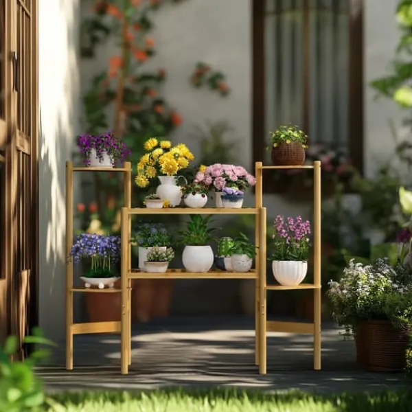 Best Plantehylde - Hjørnestativ i bambus med 6 niveauer - Str. L - Til blomsterkrukker inde/ude - Pladsbesparende - Gul Plantestativer