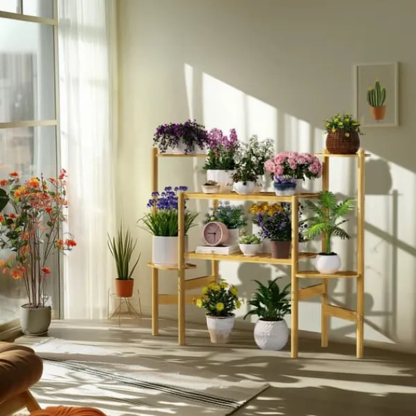 Best Plantehylde - Hjørnestativ i bambus med 6 niveauer - Str. L - Til blomsterkrukker inde/ude - Pladsbesparende - Gul Plantestativer