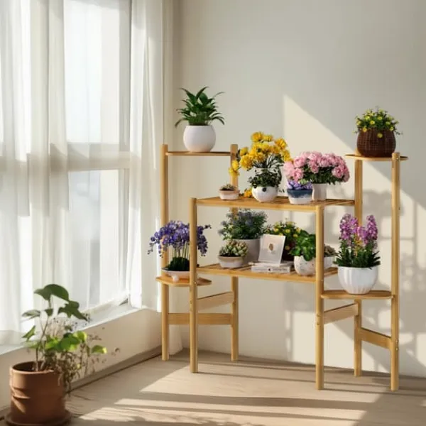 Best Plantehylde - Hjørnestativ i bambus med 6 niveauer - Str. L - Til blomsterkrukker inde/ude - Pladsbesparende - Gul Plantestativer