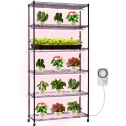 New Plantehylde med vækstlampe - 6-lags plantestativ - Højde 180 cm - Hjul - Timer - Vækstlys 150 W 3800K fuldspektrum - Metal stativ - Til frøopstart Plantestativer
