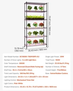 New Plantehylde med vækstlampe - 6-lags plantestativ - Højde 180 cm - Hjul - Timer - Vækstlys 150 W 3800K fuldspektrum - Metal stativ - Til frøopstart Plantestativer