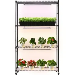 Kit Til Plante- & Urtedyrkning^Plantehylde Med Vækstlampe - Indendørs Plantestativ - 4 Niveauer - 150 cm Højt - Med Hjul - 90 W 3-Farvet Fuldspektrum - Til Frøspiring