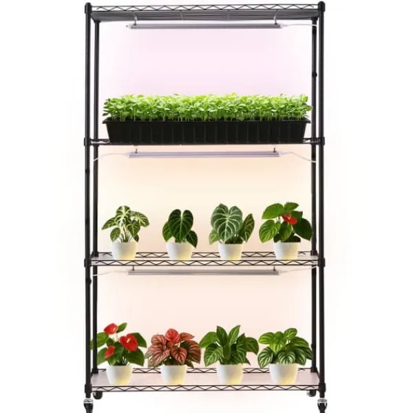 Kit Til Plante- & Urtedyrkning^Plantehylde Med Vækstlampe - Indendørs Plantestativ - 4 Niveauer - 150 cm Højt - Med Hjul - 90 W 3-Farvet Fuldspektrum - Til Frøspiring