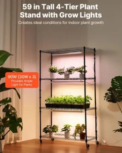 Kit Til Plante- & Urtedyrkning^Plantehylde Med Vækstlampe - Indendørs Plantestativ - 4 Niveauer - 150 cm Højt - Med Hjul - 90 W 3-Farvet Fuldspektrum - Til Frøspiring