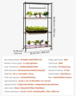 Kit Til Plante- & Urtedyrkning^Plantehylde Med Vækstlampe - Indendørs Plantestativ - 4 Niveauer - 150 cm Højt - Med Hjul - 90 W 3-Farvet Fuldspektrum - Til Frøspiring