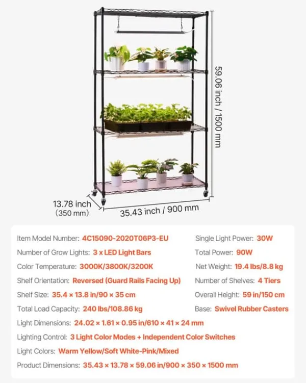 Kit Til Plante- & Urtedyrkning^Plantehylde Med Vækstlampe - Indendørs Plantestativ - 4 Niveauer - 150 cm Højt - Med Hjul - 90 W 3-Farvet Fuldspektrum - Til Frøspiring