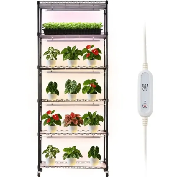 Plantestativer^Plantehylde med Vækstlys - Indendørs Plantestativ 6 Etager - 180 cm Høj - Med Hjul - 150 W LED Fuldspektrum 3 Farver - Timer 4/9/14 - Til Frøspiring | CDON