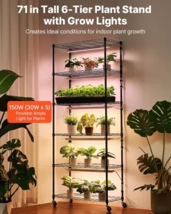 Plantestativer^Plantehylde med Vækstlys - Indendørs Plantestativ 6 Etager - 180 cm Høj - Med Hjul - 150 W LED Fuldspektrum 3 Farver - Timer 4/9/14 - Til Frøspiring | CDON