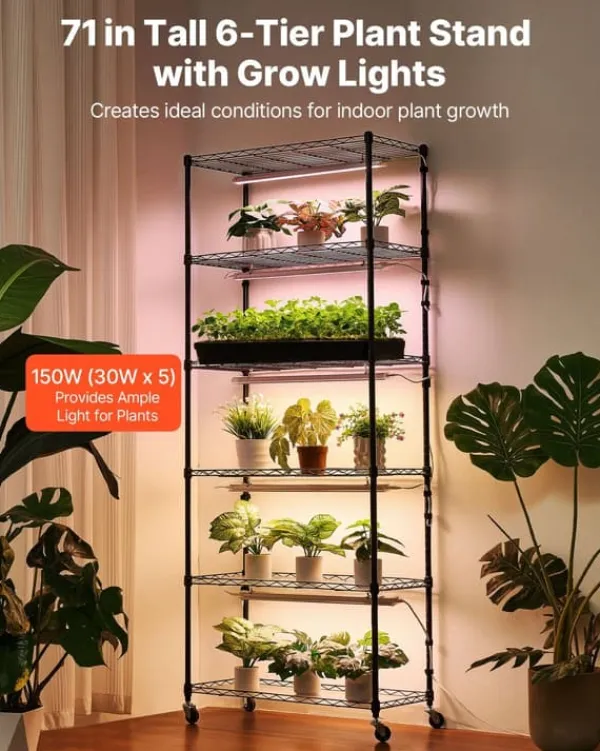 Plantestativer^Plantehylde med Vækstlys - Indendørs Plantestativ 6 Etager - 180 cm Høj - Med Hjul - 150 W LED Fuldspektrum 3 Farver - Timer 4/9/14 - Til Frøspiring | CDON