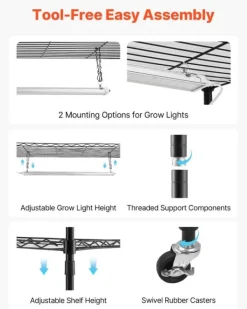 Plantestativer^Plantehylde med Vækstlys - Indendørs Plantestativ 6 Etager - 180 cm Høj - Med Hjul - 150 W LED Fuldspektrum 3 Farver - Timer 4/9/14 - Til Frøspiring | CDON