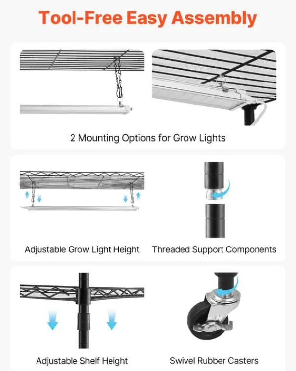 Plantestativer^Plantehylde med Vækstlys - Indendørs Plantestativ 6 Etager - 180 cm Høj - Med Hjul - 150 W LED Fuldspektrum 3 Farver - Timer 4/9/14 - Til Frøspiring | CDON