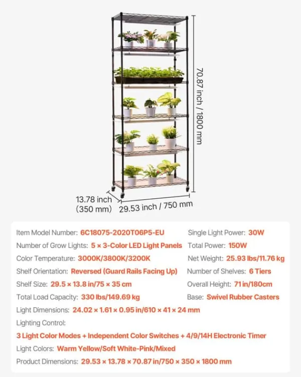 Plantestativer^Plantehylde med Vækstlys - Indendørs Plantestativ 6 Etager - 180 cm Høj - Med Hjul - 150 W LED Fuldspektrum 3 Farver - Timer 4/9/14 - Til Frøspiring | CDON