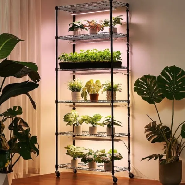Plantestativer^Plantehylde med Vækstlys - Indendørs Plantestativ 6 Etager - 180 cm Høj - Med Hjul - 150 W LED Fuldspektrum 3 Farver - Timer 4/9/14 - Til Frøspiring | CDON