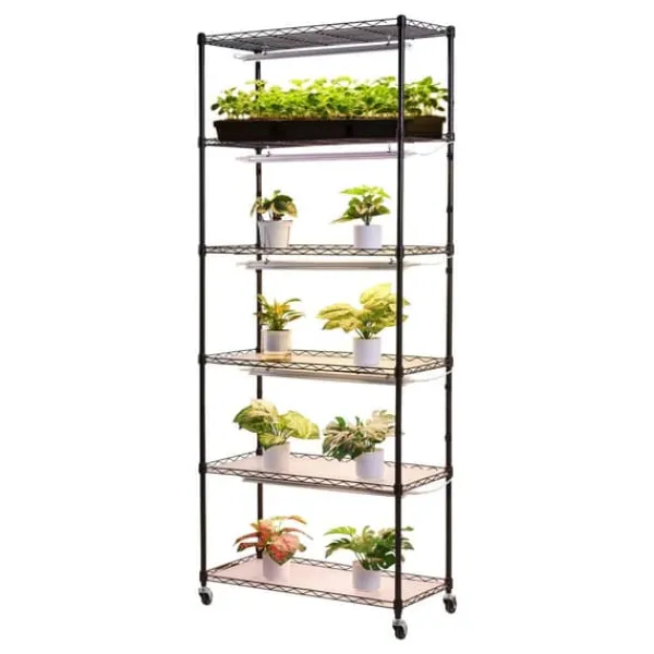 Plantestativer^Plantehylde med Vækstlys - Indendørs Plantestativ 6 Etager - 180 cm Høj - Med Hjul - 150 W LED Fuldspektrum 3 Farver - Timer 4/9/14 - Til Frøspiring | CDON
