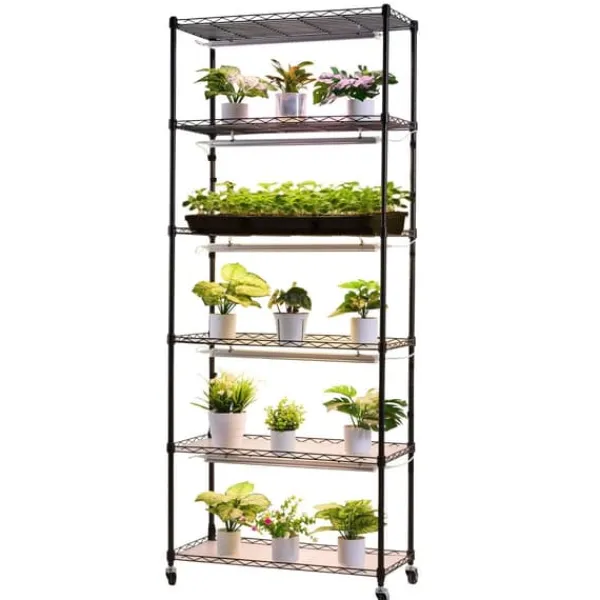 Plantestativer^Plantehylde med Vækstlys - Indendørs Plantestativ 6 Etager - 180 cm Høj - Med Hjul - 150 W LED Fuldspektrum 3 Farver - Timer 4/9/14 - Til Frøspiring | CDON