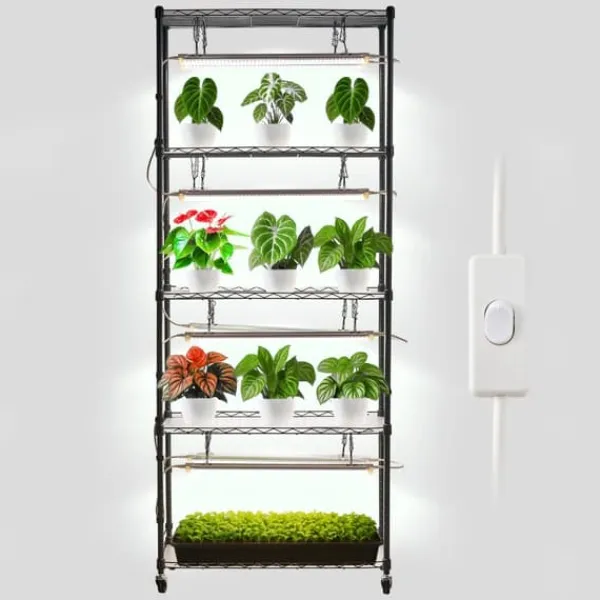 Kit Til Plante- & Urtedyrkning^Plantehylde med vækstlys - Indendørs plantestativ på hjul - 180 cm Høj - 192 W 5000 K Fuldspektret - Kraftigt Metal - Til Frøspiring