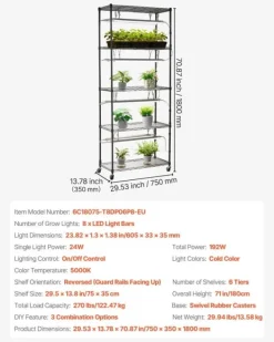 Kit Til Plante- & Urtedyrkning^Plantehylde med vækstlys - Indendørs plantestativ på hjul - 180 cm Høj - 192 W 5000 K Fuldspektret - Kraftigt Metal - Til Frøspiring