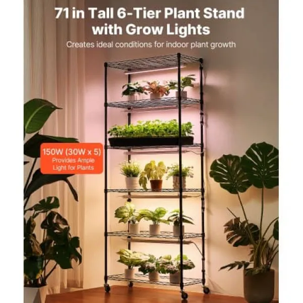 Hot Plantehylde, 6-niveaus indendørs planteholder med vækstlys, 75x35x180 cm Plantestativer