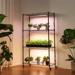 Plantestativer^Plantehylde, 4-niveaus indendørs planteholder med vækstlys, 90x35x150 cm, metal