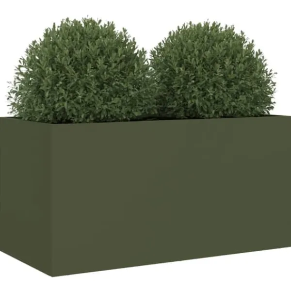 Plantekasse i koldvalset stål - Dekorativ til haven | Farve: Olivengrøn | Størrelse: 62x30x29 cm Plantningsbænke